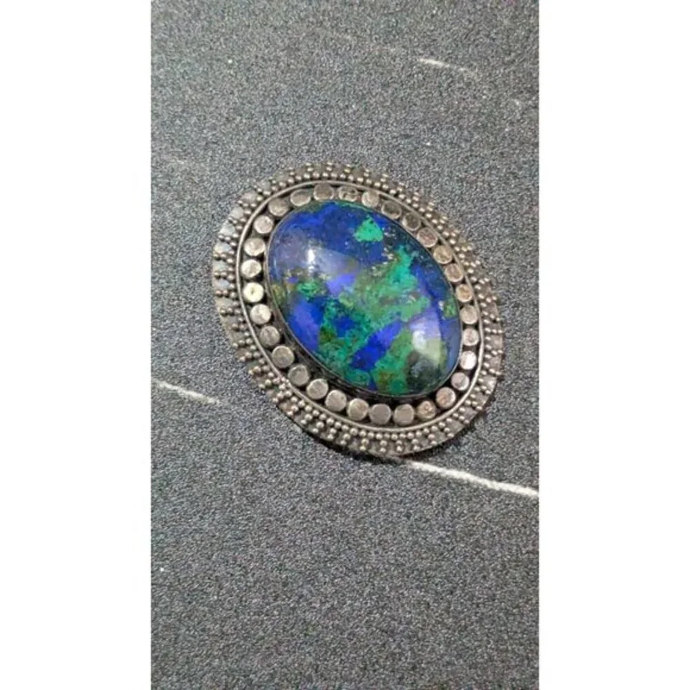 Vintage 925 Sterling Silver Azurite Malachite Oval Brooch Pin Southwestern Style